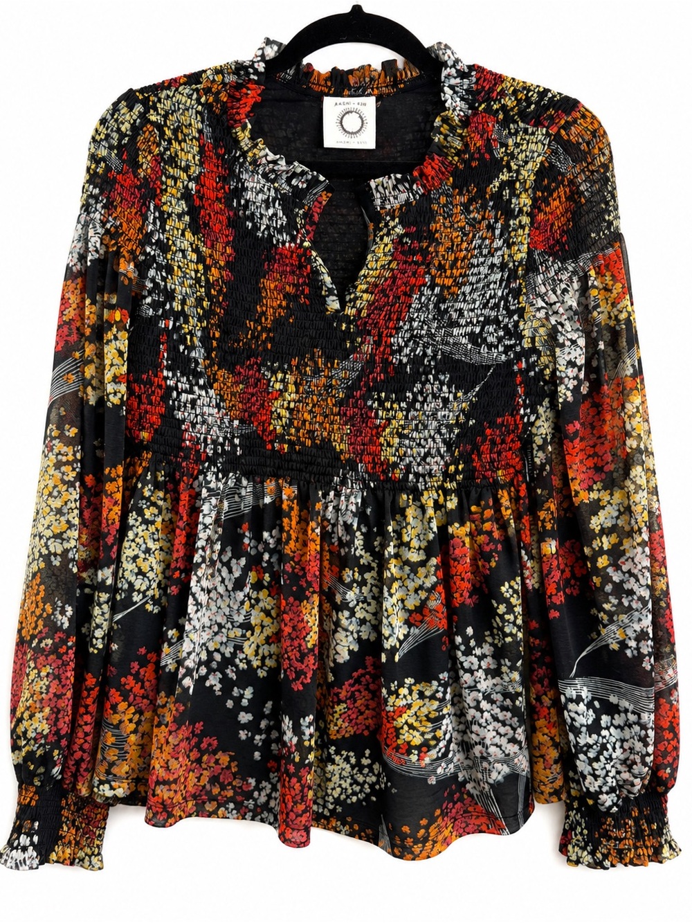 Akemi + Kin Anthropologie Floral Smocked Blouse M Sheer Balloon Sleeve Boho